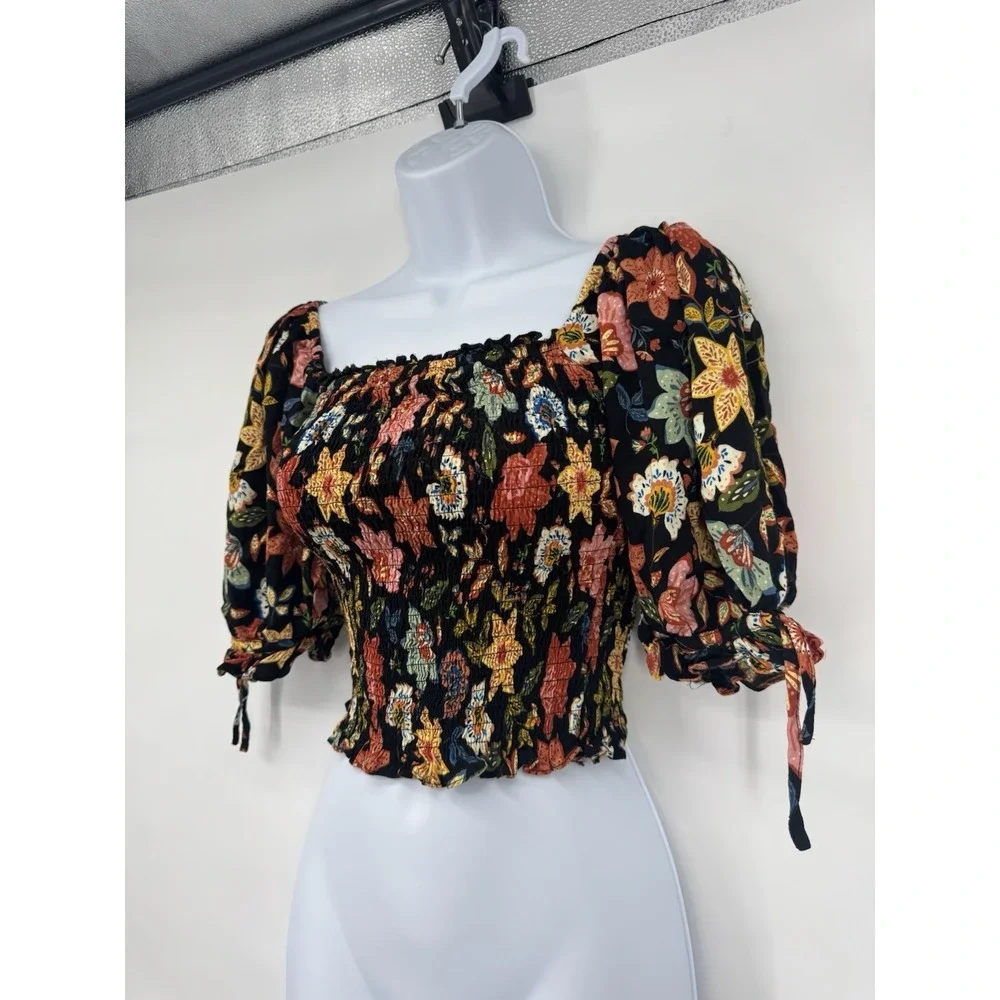 Olivaceous The Impeccable Pig Black Floral Crop Top Smocked cottagecore festival